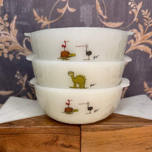 Vintage Anchor Hocking Fire King Bowls BC Comics Johnny Hart Dinosaur Set Of 3 - Picture 12 of 14